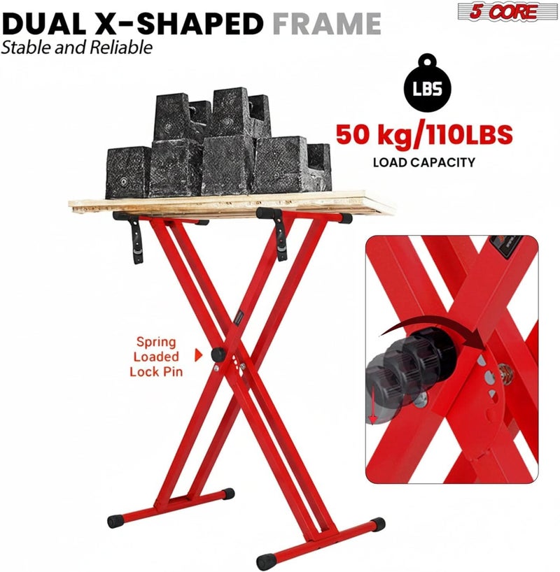 5 Core Piano Keyboard Stand Double X Heavy Duty 7 Adjustable Heights & Width Digital Electric Synthesizer Music Stands For 61 76 88 Keys w Secure Locking Strap (Red) - Image 3